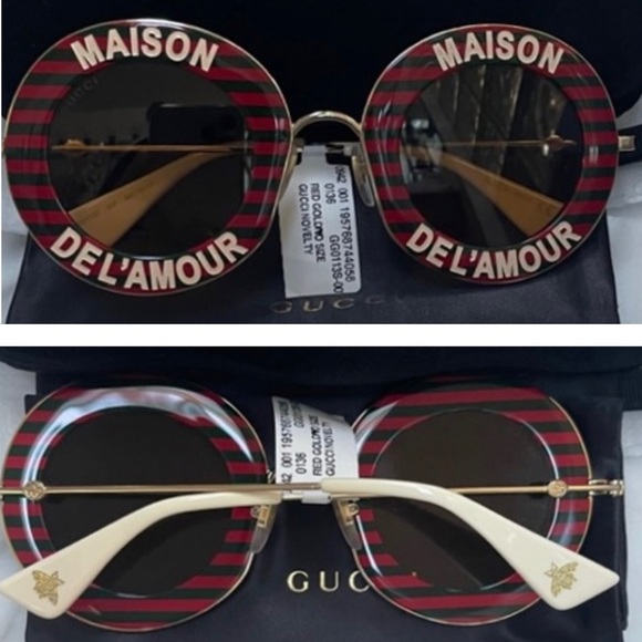 UNISEX GUCCI MAISON DEL’ AMOUR ROUND BLACK AND RED STRIPES SUNGLASSES - Picture 3 of 16